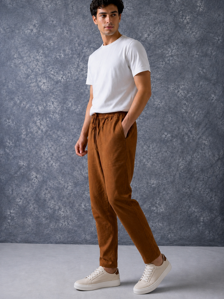 The Lifestyle Co Chocolate Brown Solid Linen Relaxed-Fit Trousers