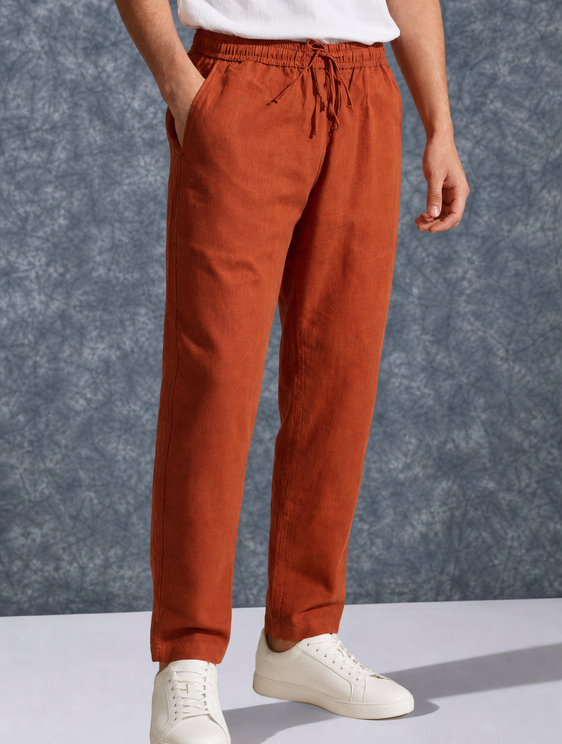 The Lifestyle Co Orange Solid Linen Relaxed-Fit Trousers