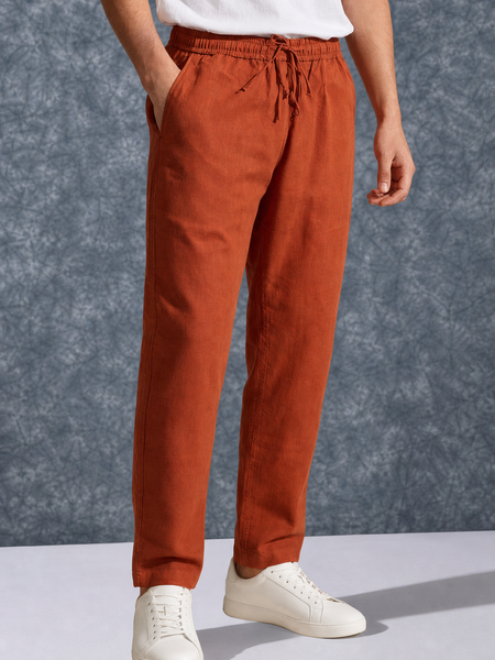 The Lifestyle Co Orange Solid Linen Relaxed-Fit Trousers