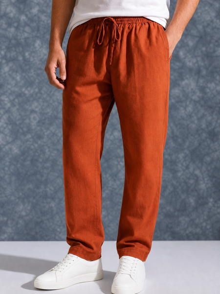 The Lifestyle Co Orange Solid Linen Relaxed-Fit Trousers