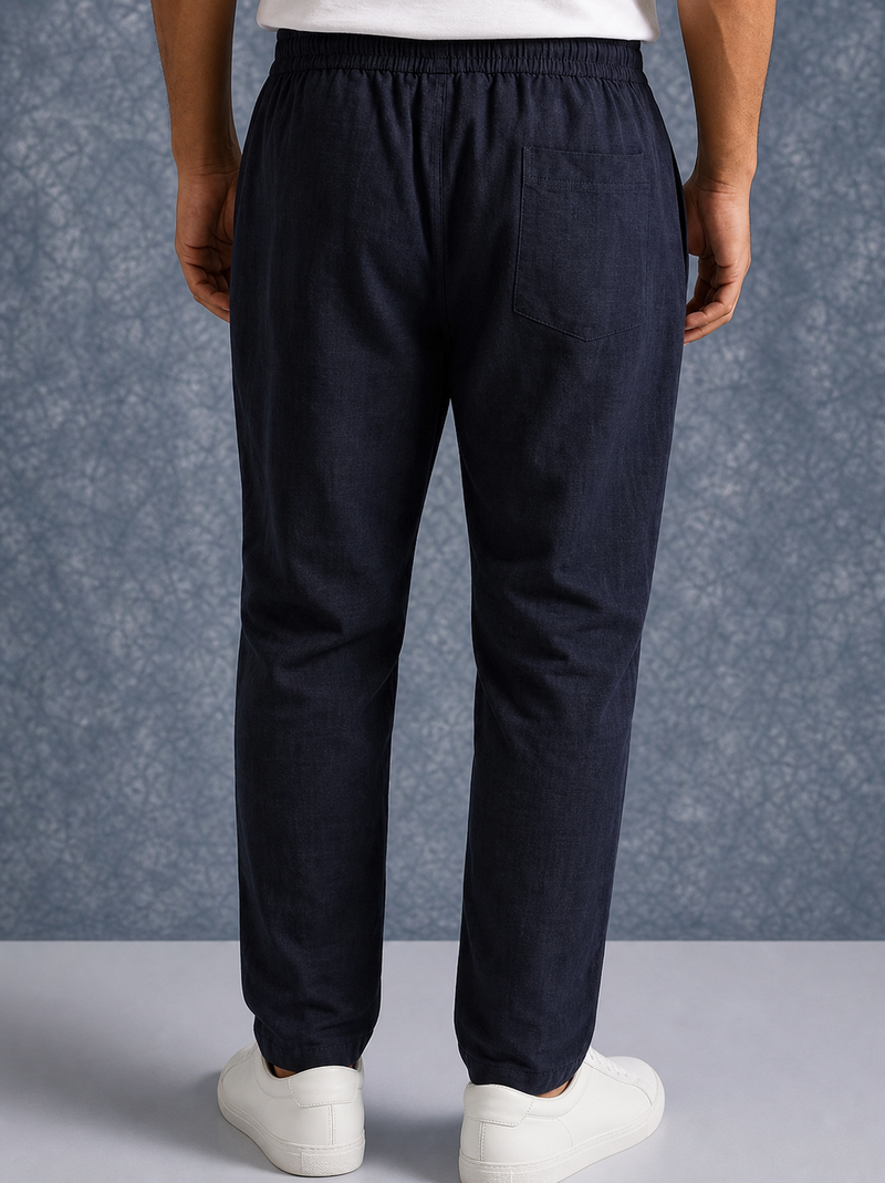 The Lifestyle Co Dark Blue Solid Linen Relaxed-Fit Trousers