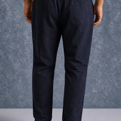 The Lifestyle Co Dark Blue Solid Linen Relaxed-Fit Trousers