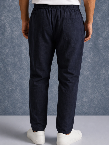 The Lifestyle Co Dark Blue Solid Linen Relaxed-Fit Trousers