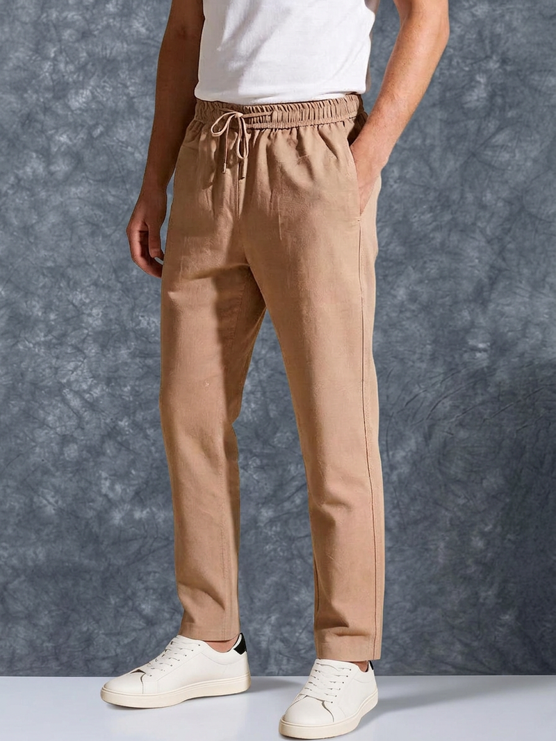 The Lifestyle Co Light Orange Solid Linen Relaxed-Fit Trousers