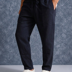 The Lifestyle Co Dark Blue Solid Linen Relaxed-Fit Trousers