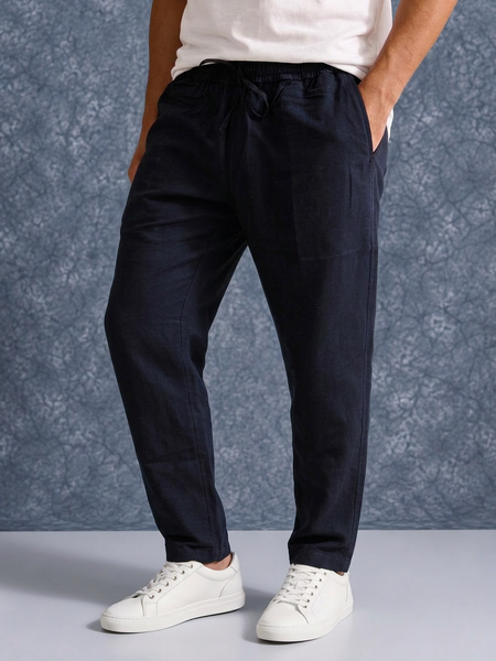 The Lifestyle Co Dark Blue Solid Linen Relaxed-Fit Trousers