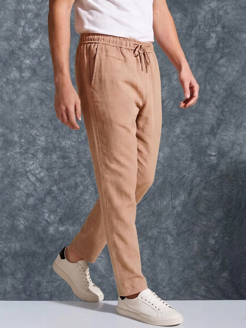 The Lifestyle Co Light Orange Solid Linen Relaxed-Fit Trousers