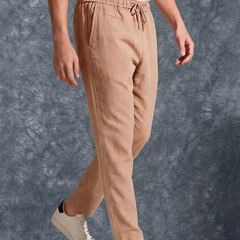 The Lifestyle Co Light Orange Solid Linen Relaxed-Fit Trousers