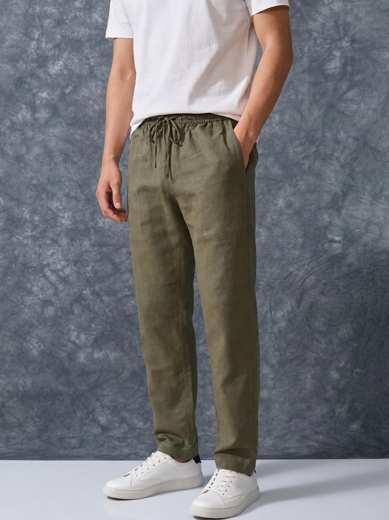 The Lifestyle Co Army Green Solid Linen Relaxed-Fit Trousers
