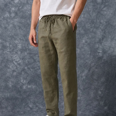 The Lifestyle Co Army Green Solid Linen Relaxed-Fit Trousers