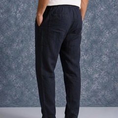The Lifestyle Co Dark Blue Solid Linen Relaxed-Fit Trousers