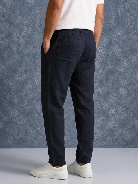 The Lifestyle Co Dark Blue Solid Linen Relaxed-Fit Trousers