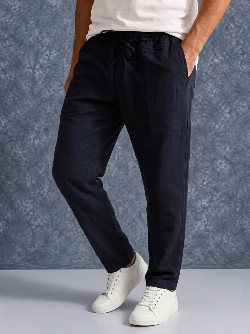 The Lifestyle Co Dark Blue Solid Linen Relaxed-Fit Trousers