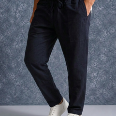 The Lifestyle Co Dark Blue Solid Linen Relaxed-Fit Trousers