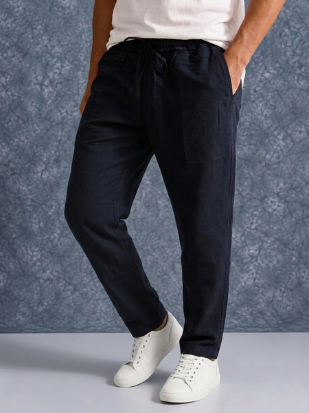 The Lifestyle Co Dark Blue Solid Linen Relaxed-Fit Trousers