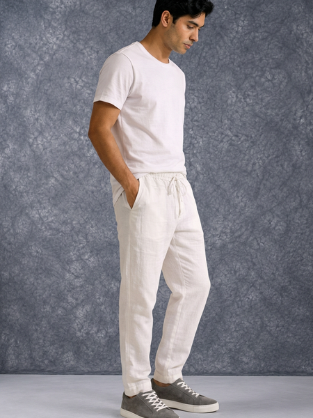 The Lifestyle Co White Solid Linen Relaxed-Fit Trousers