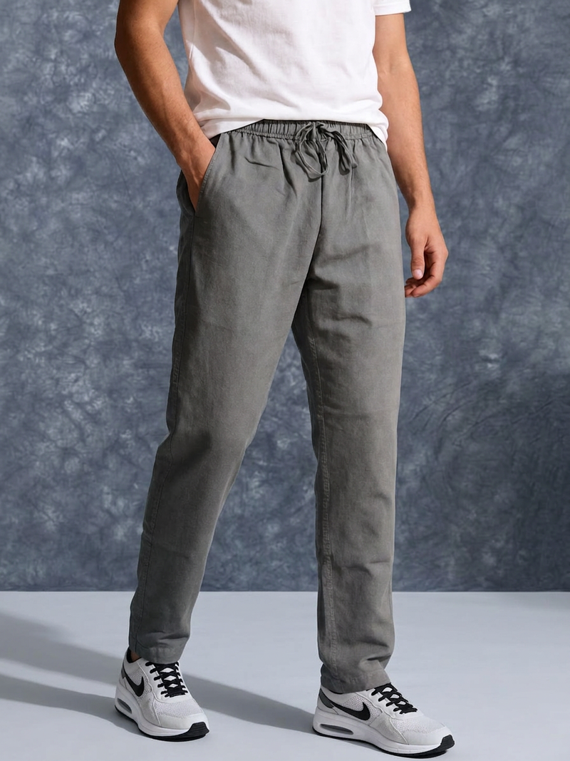 The Lifestyle Co Dark Grey Solid Linen Relaxed-Fit Trousers