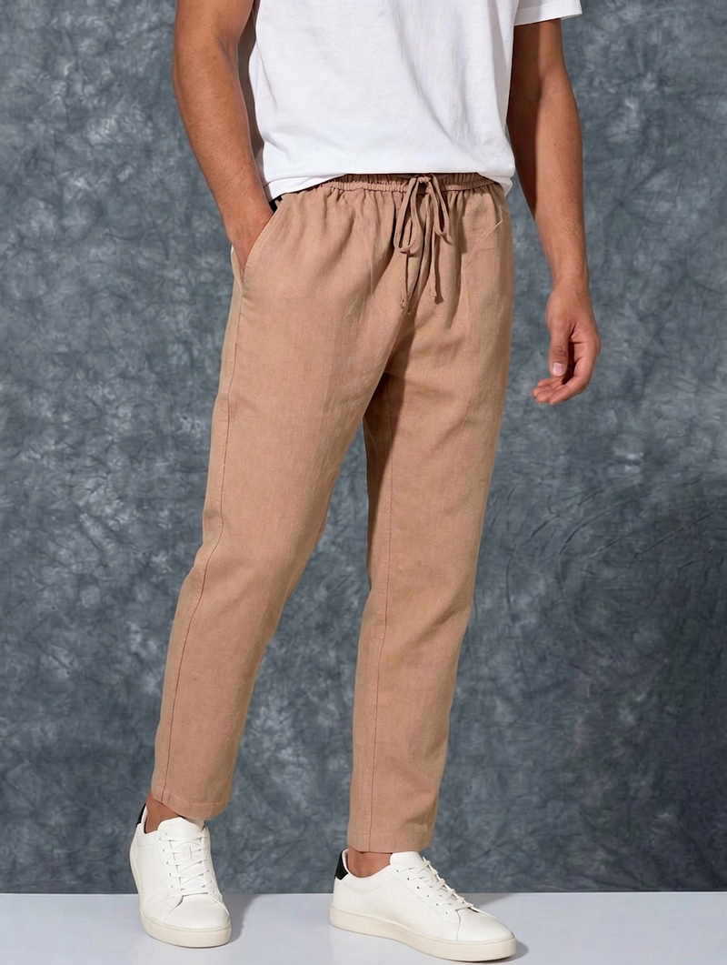 The Lifestyle Co Light Orange Solid Linen Relaxed-Fit Trousers