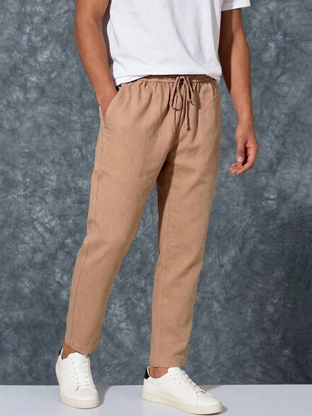 The Lifestyle Co Light Orange Solid Linen Relaxed-Fit Trousers