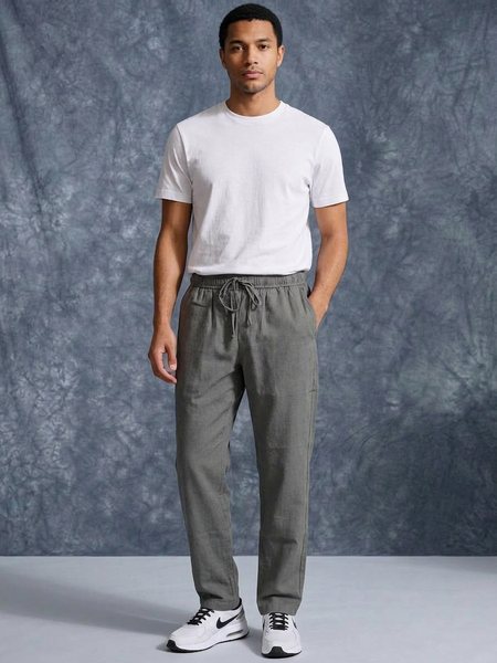 The Lifestyle Co Dark Grey Solid Linen Relaxed-Fit Trousers