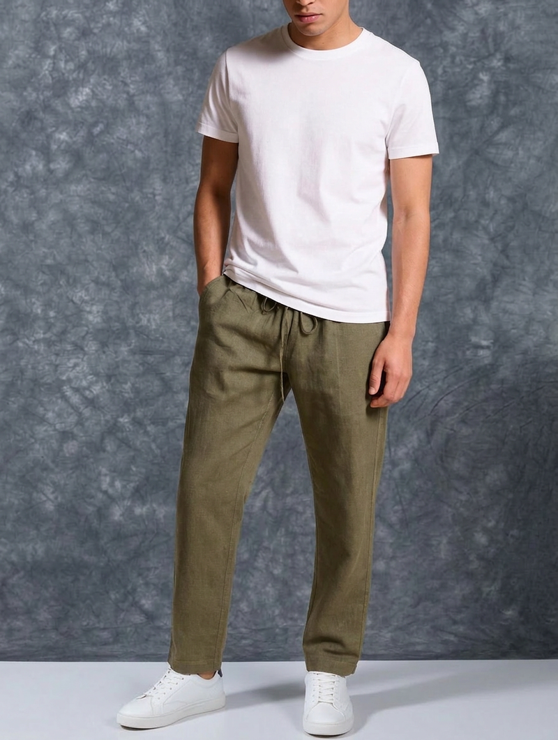 The Lifestyle Co Army Green Solid Linen Relaxed-Fit Trousers