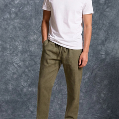 The Lifestyle Co Army Green Solid Linen Relaxed-Fit Trousers
