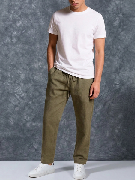 The Lifestyle Co Army Green Solid Linen Relaxed-Fit Trousers