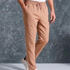 The Lifestyle Co Light Orange Solid Linen Relaxed-Fit Trousers