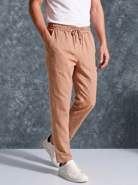 The Lifestyle Co Light Orange Solid Linen Relaxed-Fit Trousers