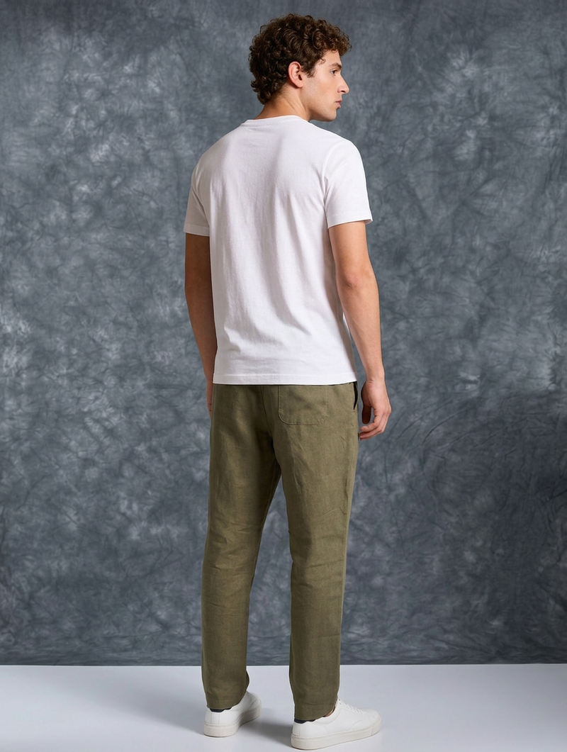 The Lifestyle Co Army Green Solid Linen Relaxed-Fit Trousers