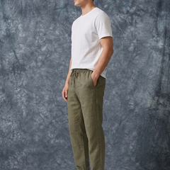 The Lifestyle Co Army Green Solid Linen Relaxed-Fit Trousers