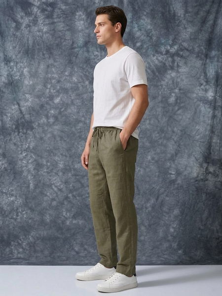 The Lifestyle Co Army Green Solid Linen Relaxed-Fit Trousers