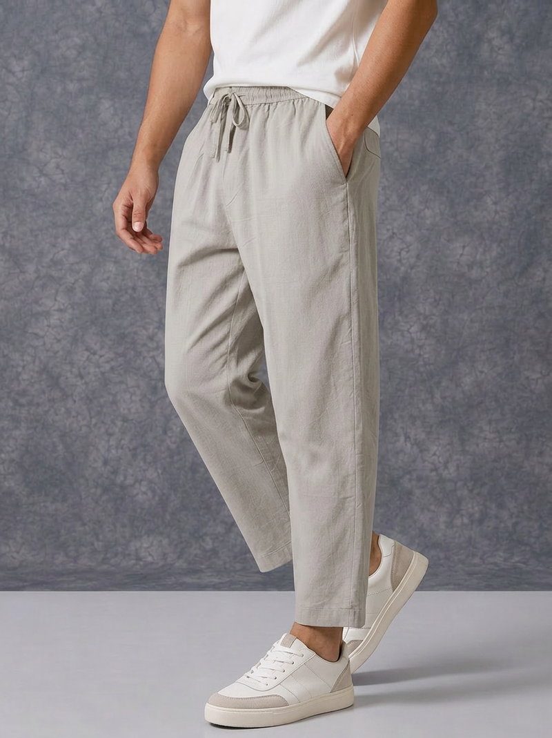 The Lifestyle Co Light Grey Solid Linen Relaxed-Fit Trousers