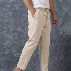 The Lifestyle Co Off White Solid Linen Relaxed-Fit Trousers