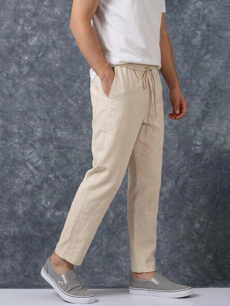 The Lifestyle Co Off White Solid Linen Relaxed-Fit Trousers