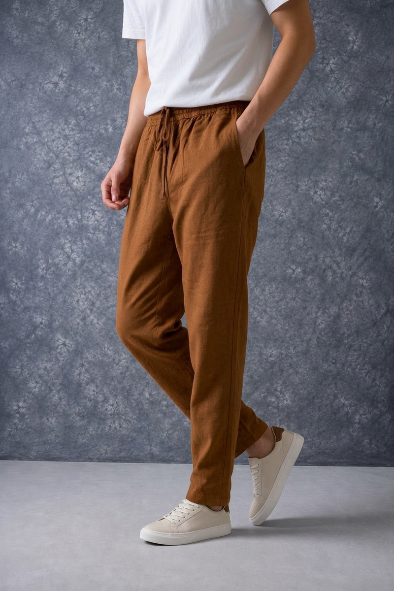 The Lifestyle Co Chocolate Brown Solid Linen Relaxed-Fit Trousers