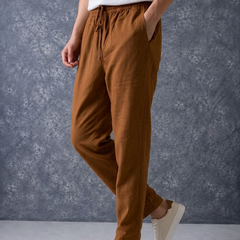 The Lifestyle Co Chocolate Brown Solid Linen Relaxed-Fit Trousers