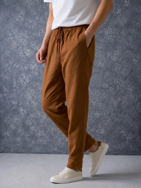 The Lifestyle Co Chocolate Brown Solid Linen Relaxed-Fit Trousers