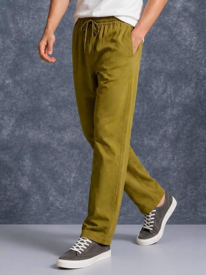 The Lifestyle Co Mehandi Green Linen Relaxed-Fit Regular Trouser