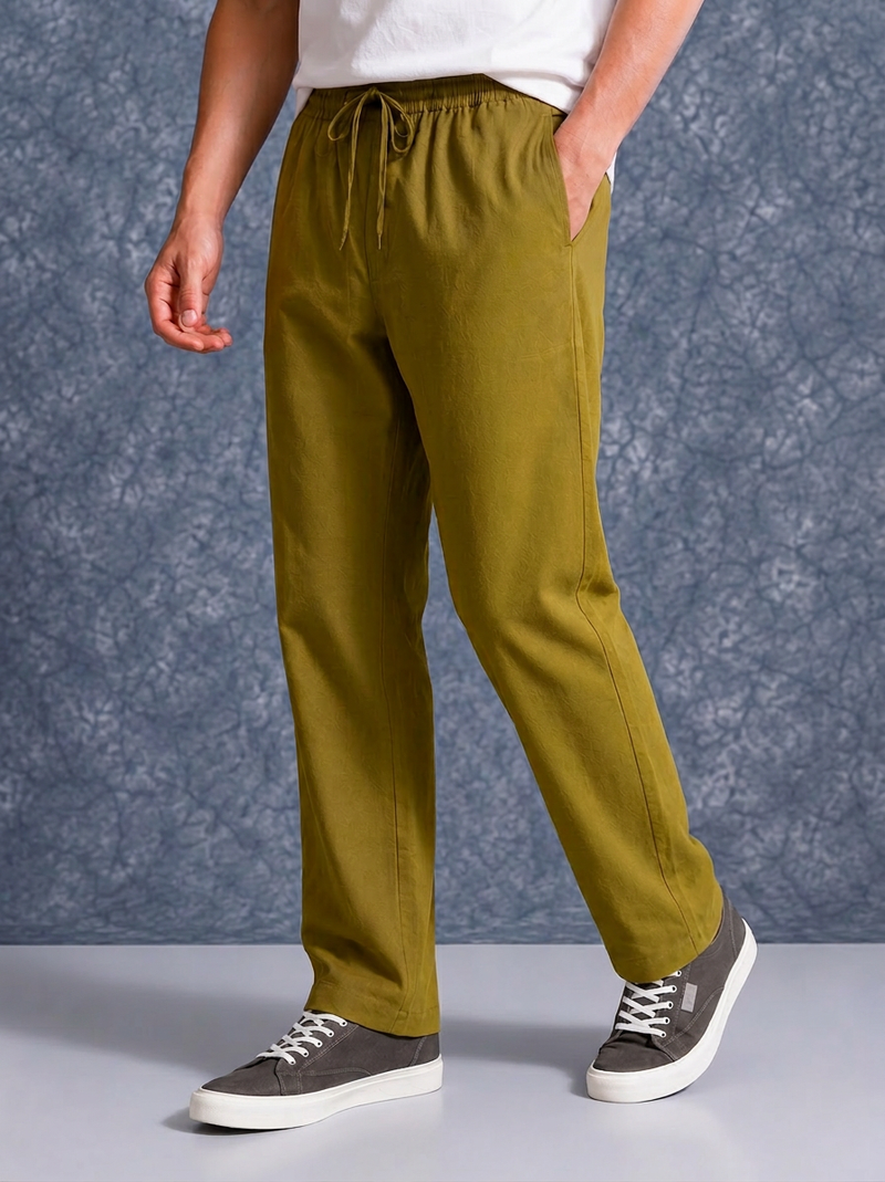 The Lifestyle Co Mehandi Green Linen Relaxed-Fit Regular Trouser