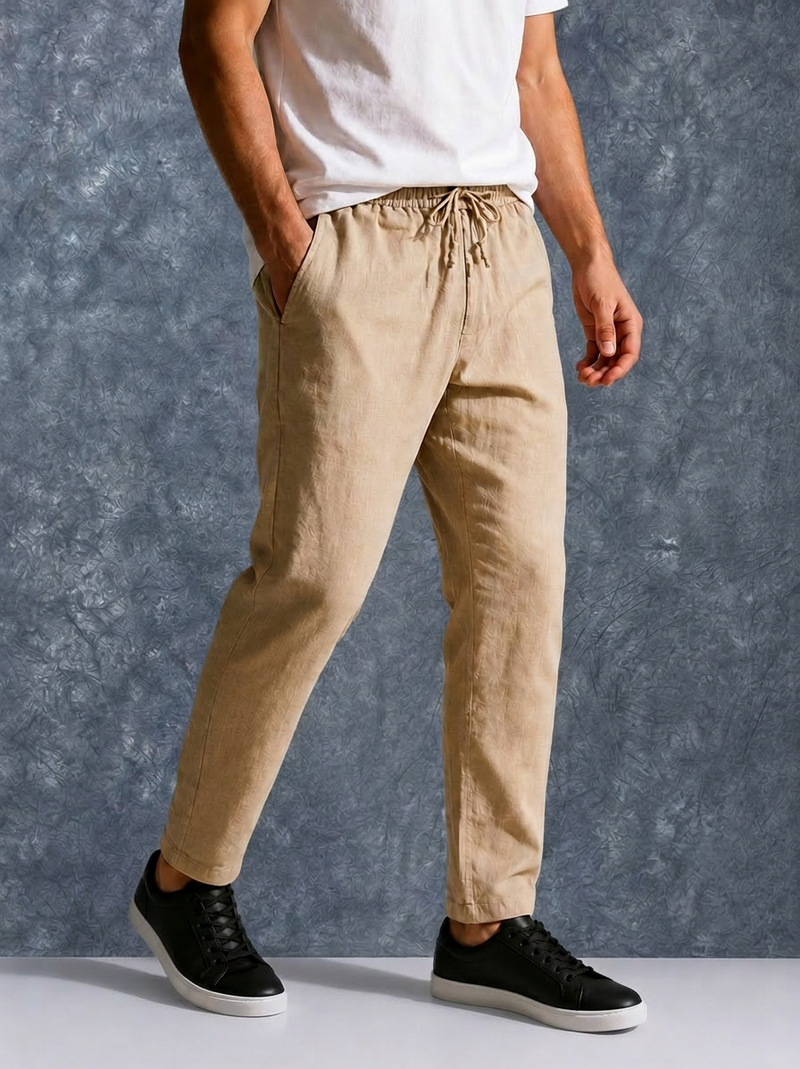 The Lifestyle Co Cream Solid Linen Relaxed-Fit Trousers