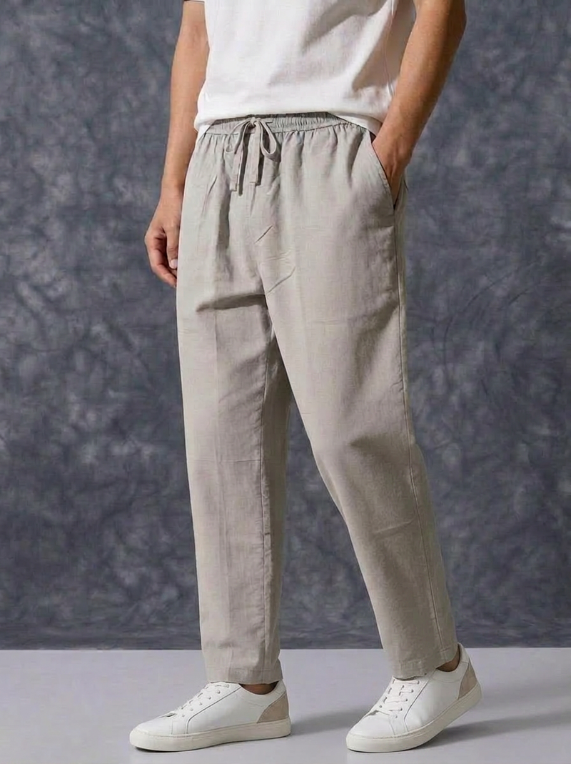 The Lifestyle Co Light Grey Solid Linen Relaxed-Fit Trousers