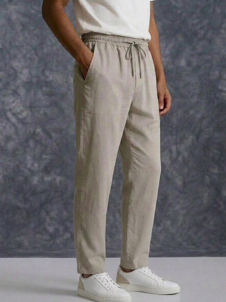 The Lifestyle Co Light Grey Solid Linen Relaxed-Fit Trousers